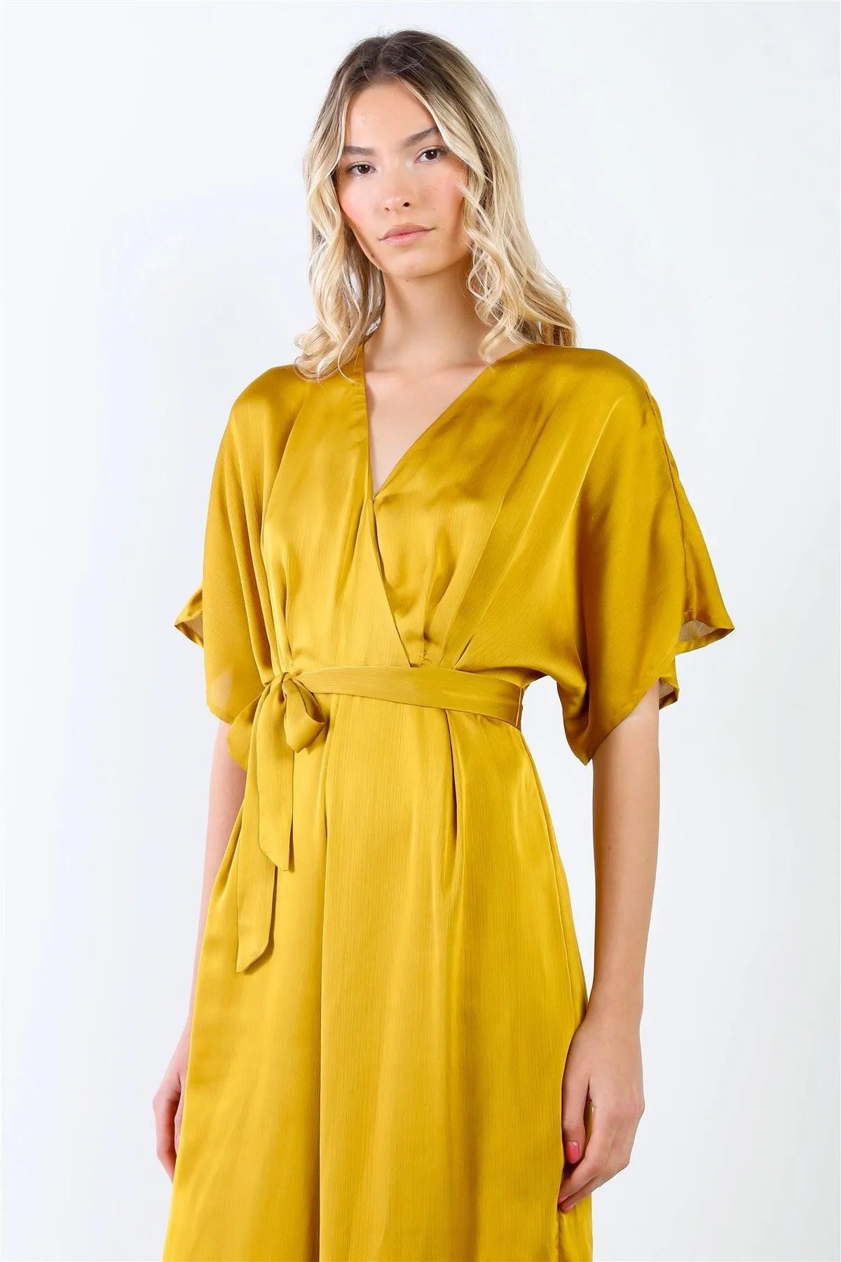 Yellow Dolman Sleeve V-Neck Satin Jumpsuit - Tasha Apparel Wholesale
