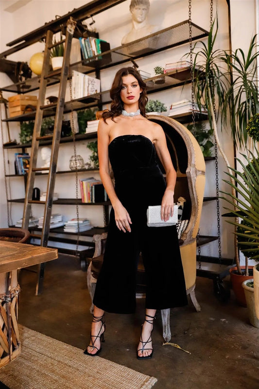 Black Velvet Off-The-Shoulder Front Buckle Belt Jumpsuit /1-2-2-1 - Tasha Apparel Wholesale