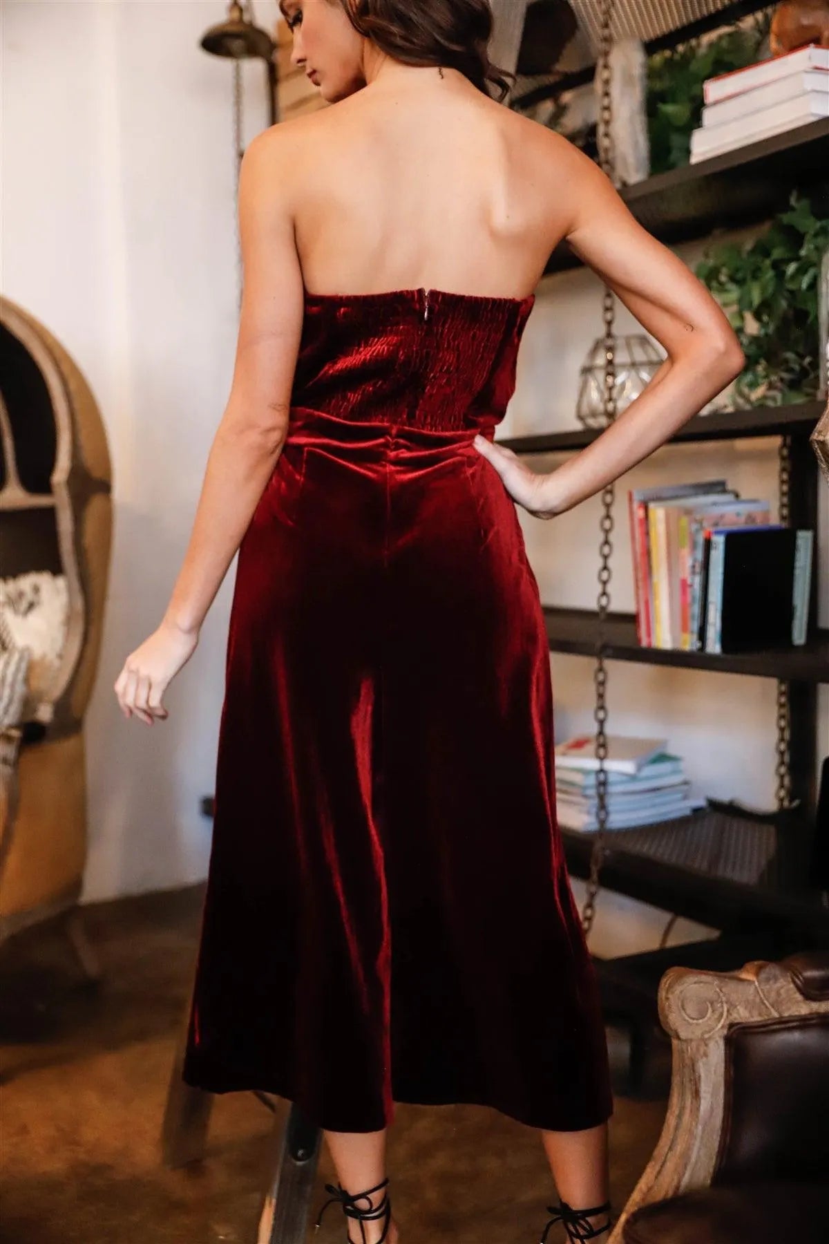 Burgundy Velvet Off-The-Shoulder Front Buckle Belt Jumpsuit /3-3 - Tasha Apparel Wholesale