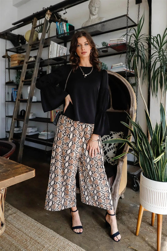 Khaki Multi Color Snake Print Wide Culotte Pants /1-2-2-1 - Tasha Apparel Wholesale
