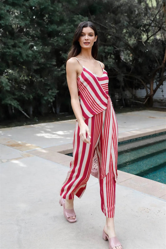 Magenta Multi Color Stripe Front Wrap Self-Tie Detail Wide Leg Jumpsuit /2-2-1 - Tasha Apparel Wholesale