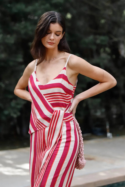 Magenta Multi Color Stripe Front Wrap Self-Tie Detail Wide Leg Jumpsuit /1-2-2-1 - Tasha Apparel Wholesale