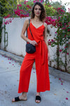 Red Linen Blend Front Wrap Self-Tie Detail Wide Leg Jumpsuit /2-2-2 - Tasha Apparel Wholesale