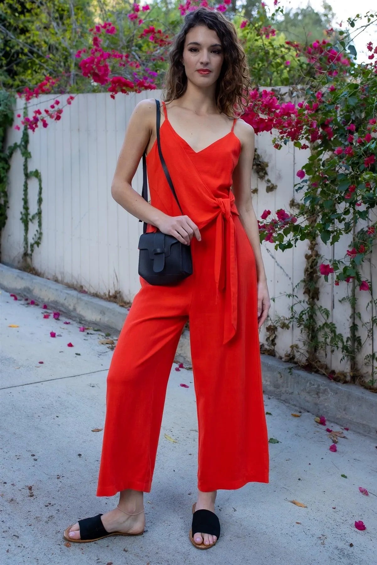 Red Linen Blend Front Wrap Self-Tie Detail Wide Leg Jumpsuit /2-2-2 - Tasha Apparel Wholesale