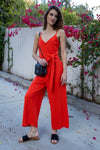Red Linen Blend Front Wrap Self-Tie Detail Wide Leg Jumpsuit /1-2-2-1-1 - Tasha Apparel Wholesale