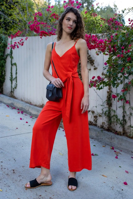 Red Linen Blend Front Wrap Self-Tie Detail Wide Leg Jumpsuit /1-2-2-1-1 - Tasha Apparel Wholesale