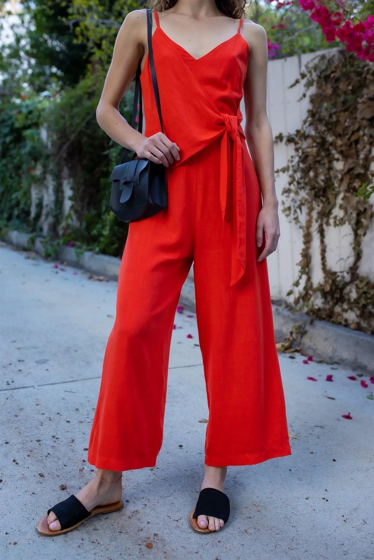 Red Linen Blend Front Wrap Self-Tie Detail Wide Leg Jumpsuit /1-2-2-1-1 - Tasha Apparel Wholesale