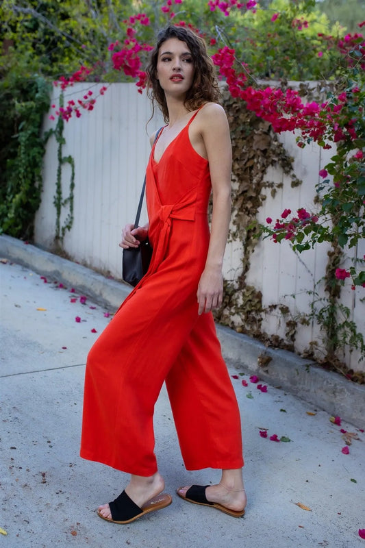 Red Linen Blend Front Wrap Self-Tie Detail Wide Leg Jumpsuit /1-2-2-2 - Tasha Apparel Wholesale