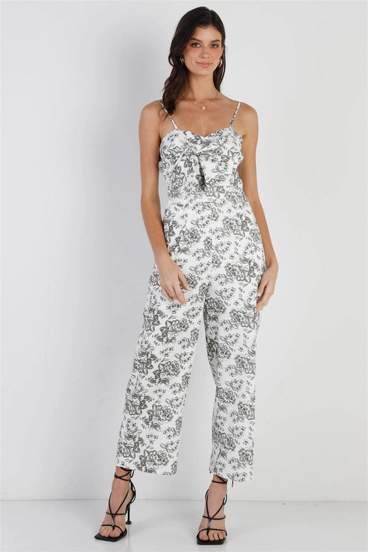Ivory Floral Print Front Twist Detail Sleeveless Jumpsuit /1-2-2-1-1 - Tasha Apparel Wholesale