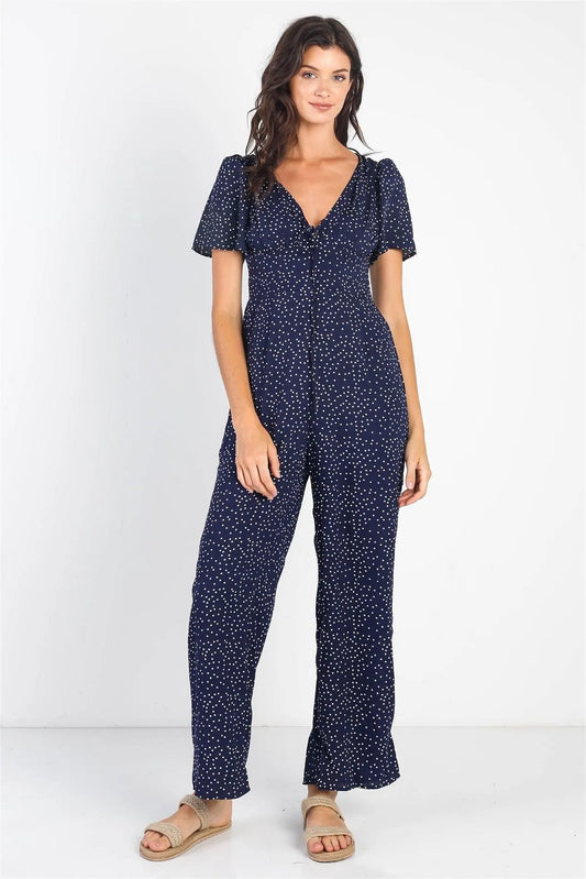 Navy Plisse Polka Dot Self-Tie V-Neck Wide Leg Romper - Tasha Apparel Wholesale