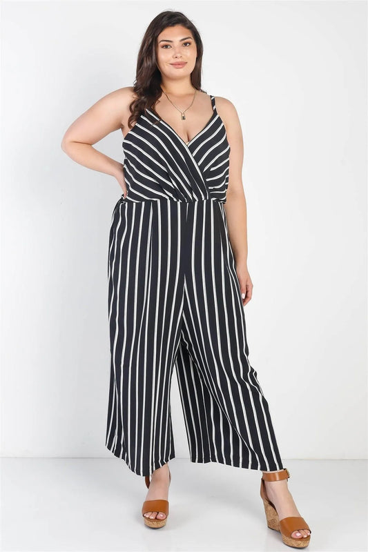 Junior Plus Black Stripe Print Wrap V-Neck Sleeveless Romper - Tasha Apparel Wholesale