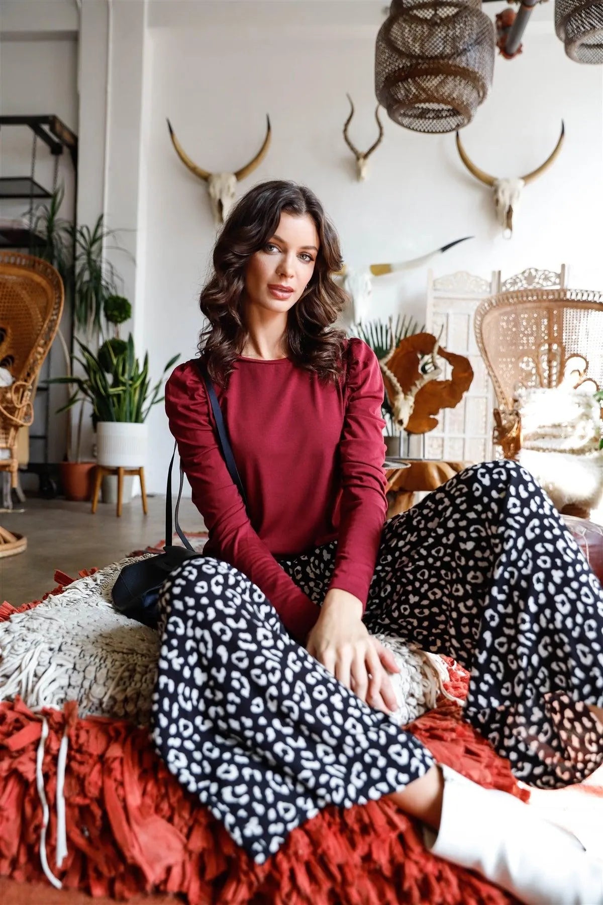 Monochrome Animal Print Smocked Ruffle Waist Wide Leg Pants /1-2-2-2 - Tasha Apparel Wholesale