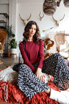 Monochrome Animal Print Smocked Ruffle Waist Wide Leg Pants /1-1-2-1-1 - Tasha Apparel Wholesale