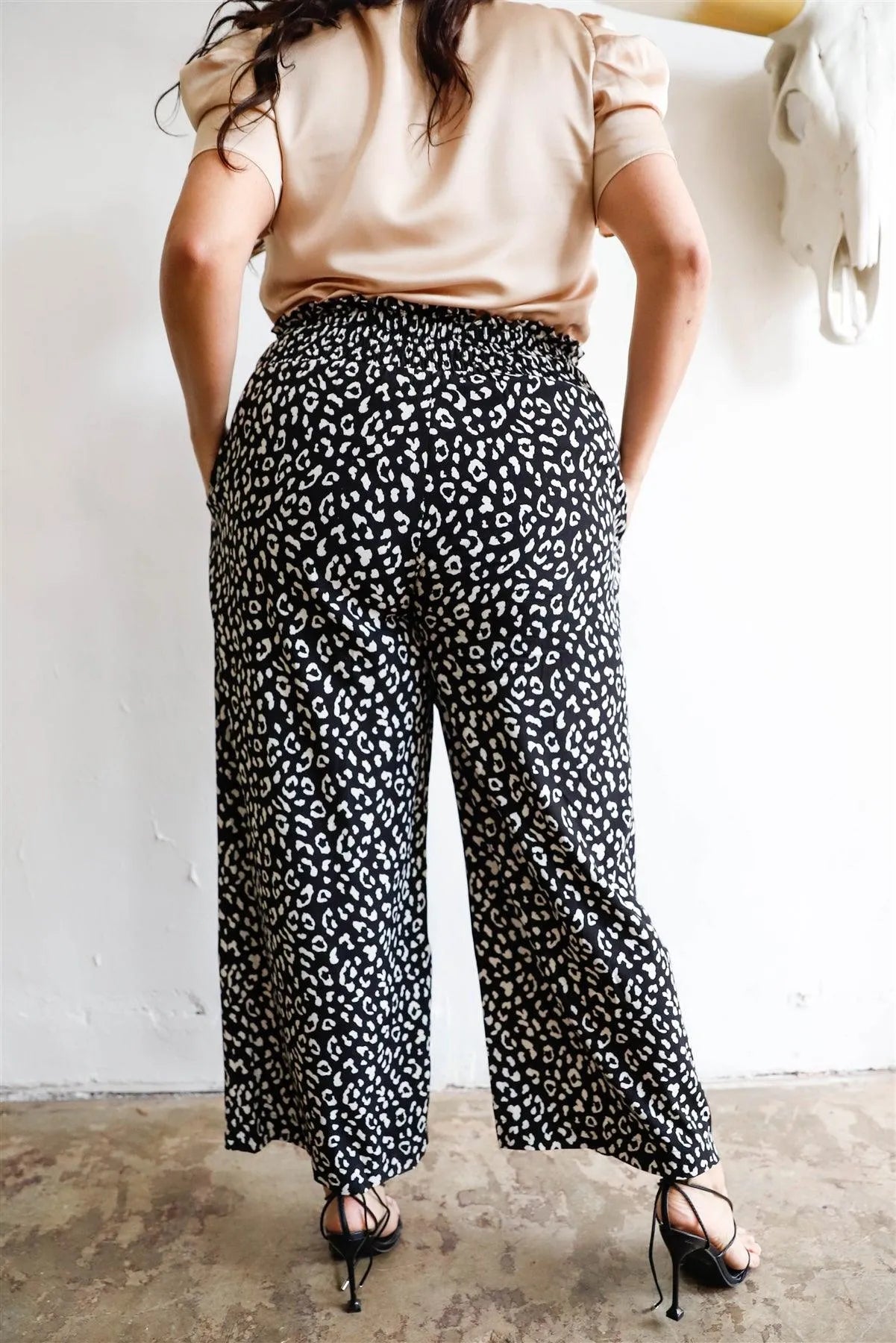 Junior Plus Monochrome Animal Print Smocked Ruffle Waist Wide Leg Pants /1-3-1 - Tasha Apparel Wholesale