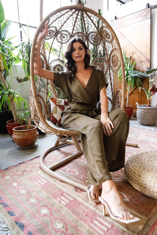 Olive Satin Effect Collared V-Neck Self-Tie Short Sleeve Jumpsuit /2-2-2 - Tasha Apparel Wholesale