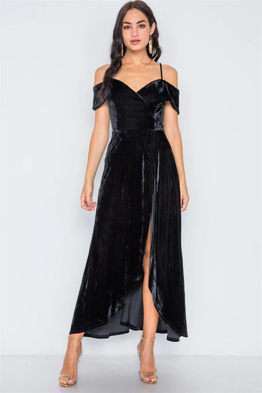 Black Velvet Cami Maxi Side Slit Skort Romper Dress/3-2-1 - Tasha Apparel Wholesale