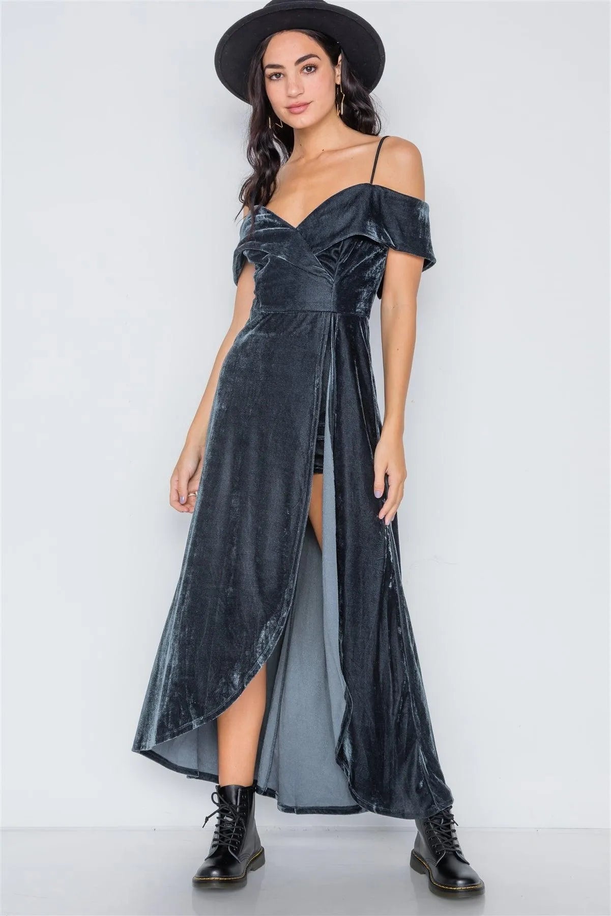 Charcoal Velvet Cami Maxi Side Slit Skort Romper Dress /2-2-2 - Tasha Apparel Wholesale