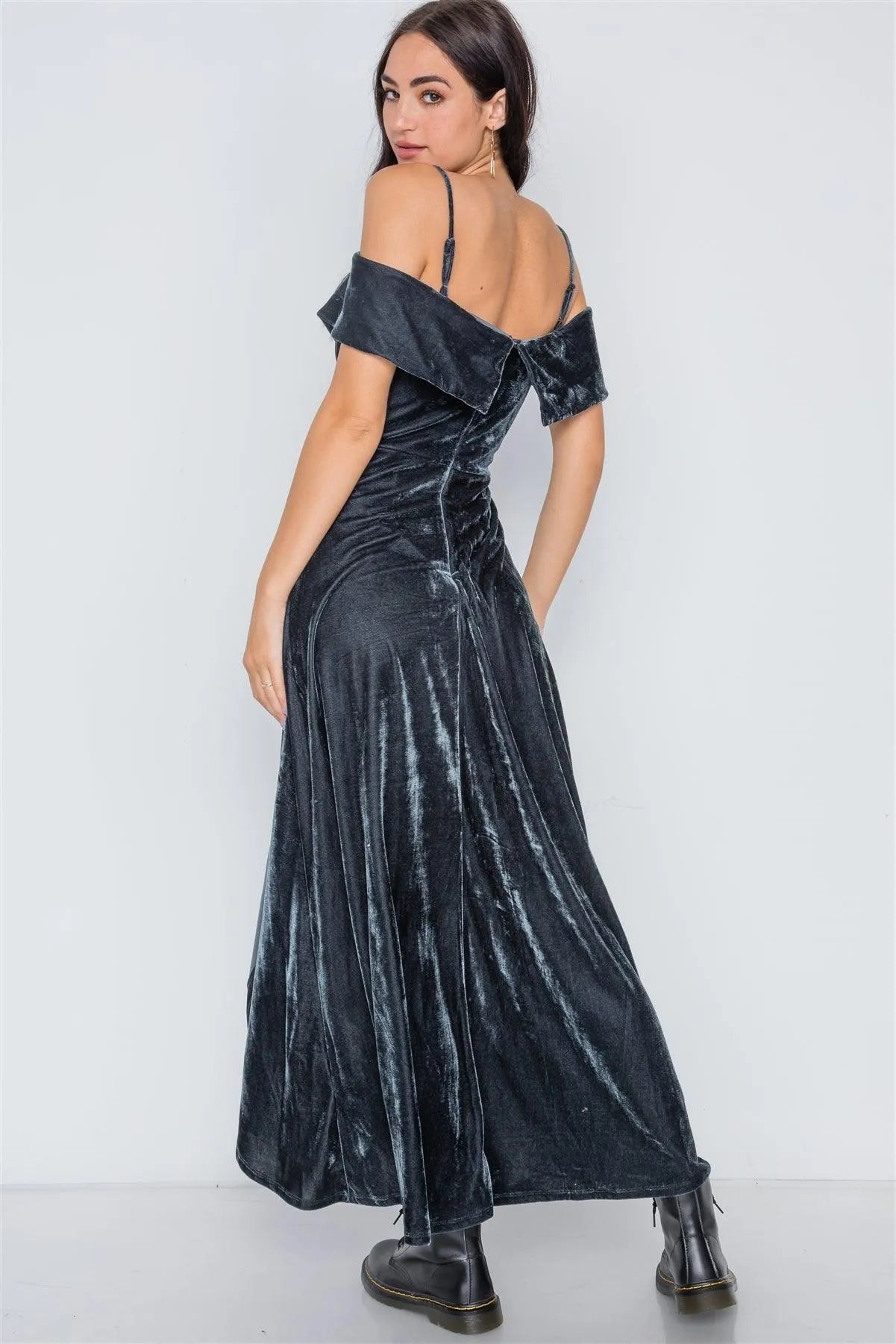 Charcoal Velvet Cami Maxi Side Slit Skort Romper Dress /2-2-2 - Tasha Apparel Wholesale