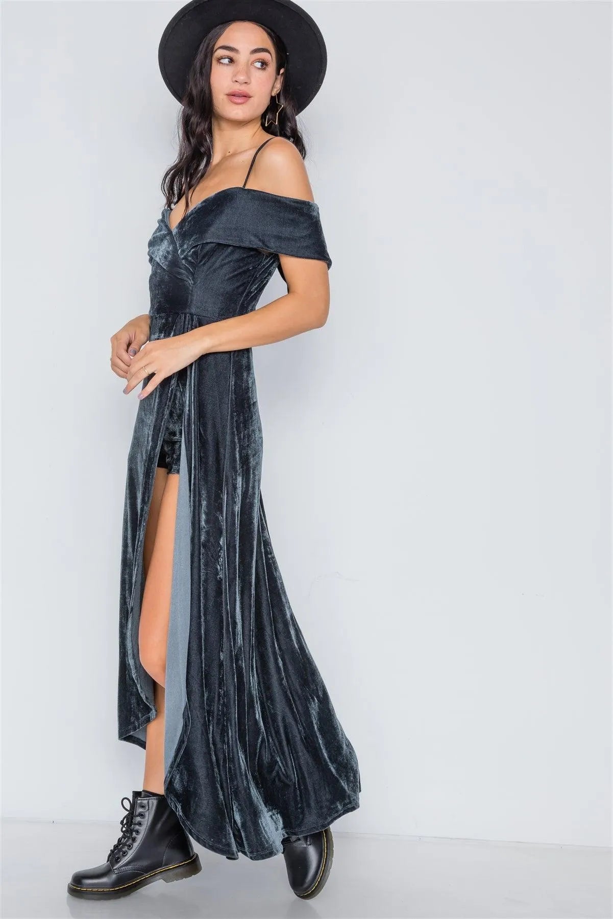 Charcoal Velvet Cami Maxi Side Slit Skort Romper Dress /2-2-2 - Tasha Apparel Wholesale