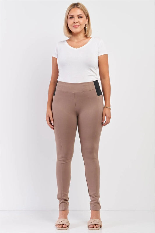 Junior Plus Mocha Rubber Side Detail Lace Side Leg Legging Slim Pants /2-2-2 - Tasha Apparel Wholesale