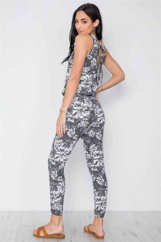 Grey White Floral Print Sleeveless Knit Jumpsuit /2-2-2 - Tasha Apparel Wholesale