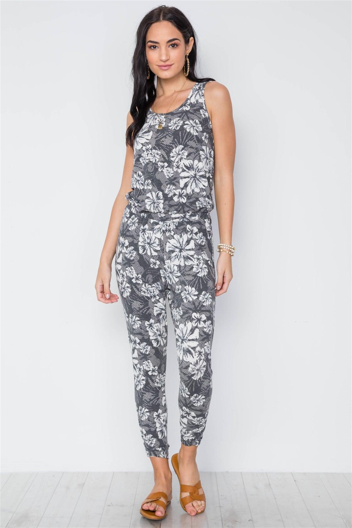 Grey White Floral Print Sleeveless Knit Jumpsuit /2-2-2