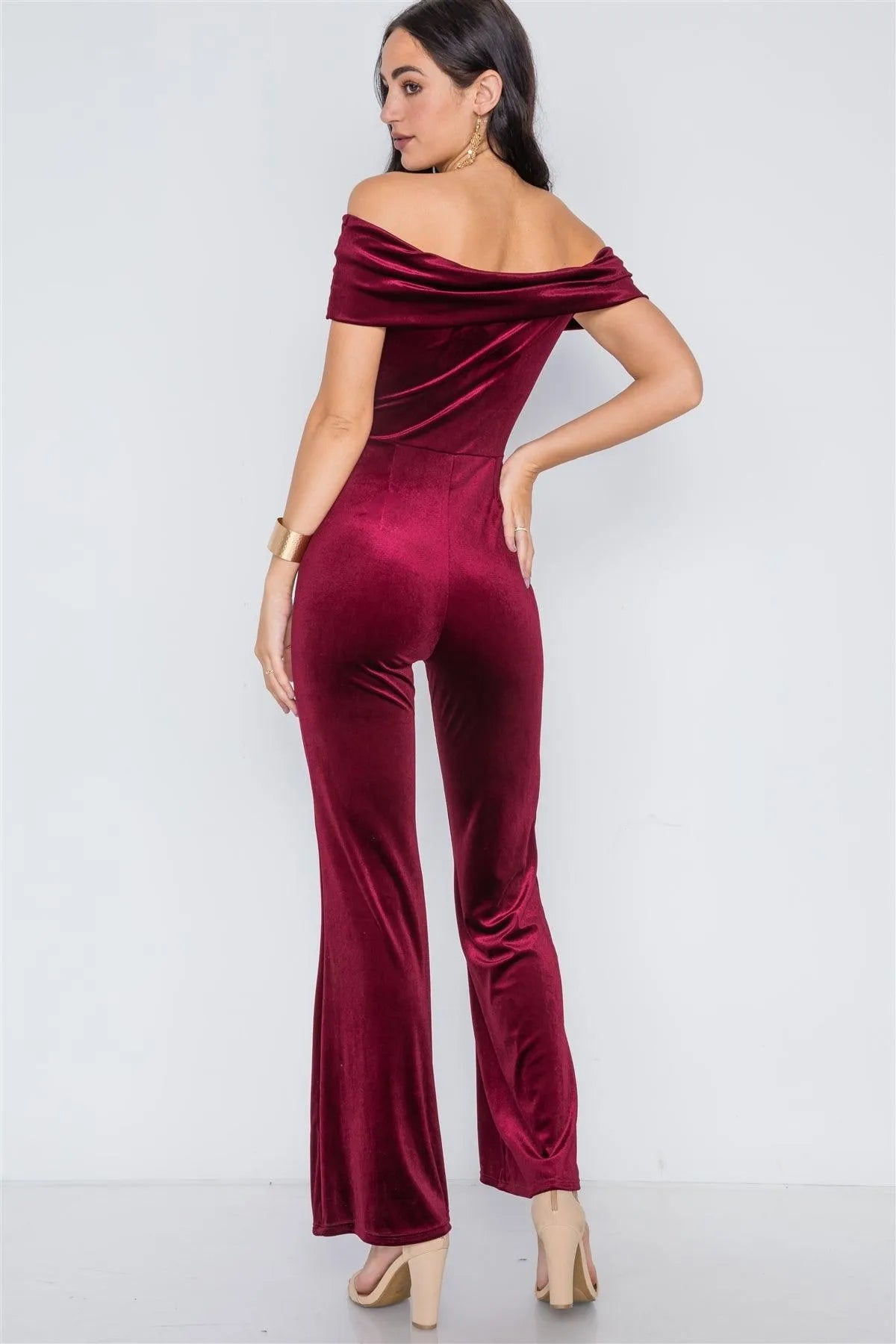Burgundy Off-The-Shoulder Bodycon Evening Jumpsuit /2-2-2 - Tasha Apparel Wholesale