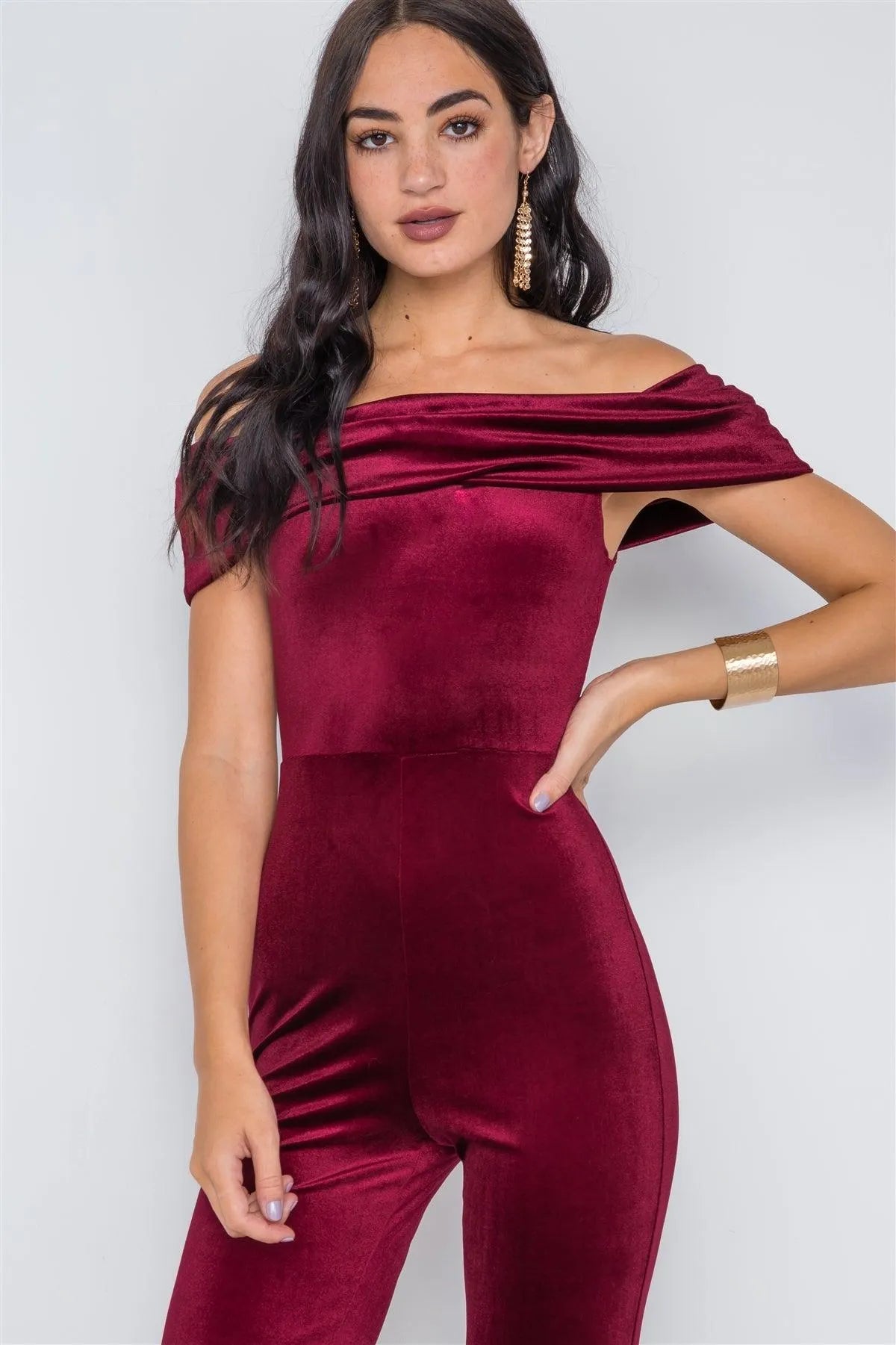 Burgundy Off-The-Shoulder Bodycon Evening Jumpsuit /2-2-2 - Tasha Apparel Wholesale