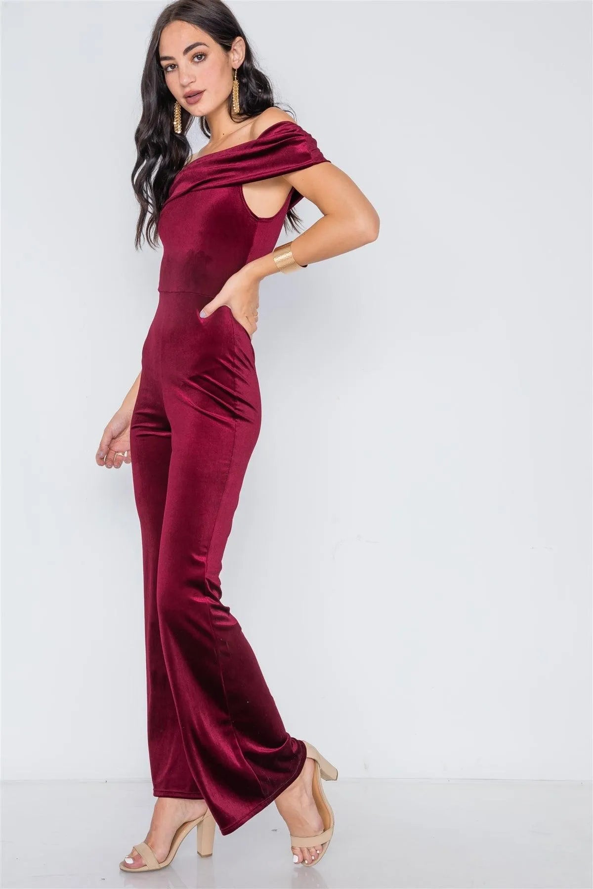 Burgundy Off-The-Shoulder Bodycon Evening Jumpsuit /2-2-2 - Tasha Apparel Wholesale