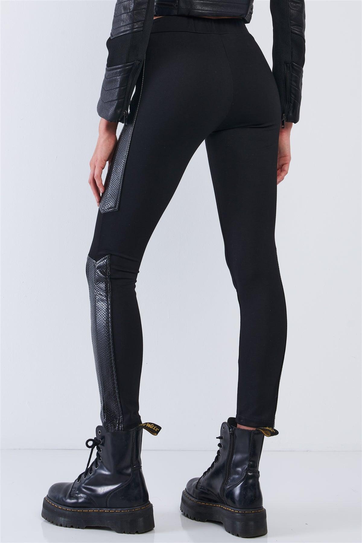 Black High Waisted Vegan Leather Python Print Trim Side Zipper Detail Tight Fit Legging Pants /2-2-2