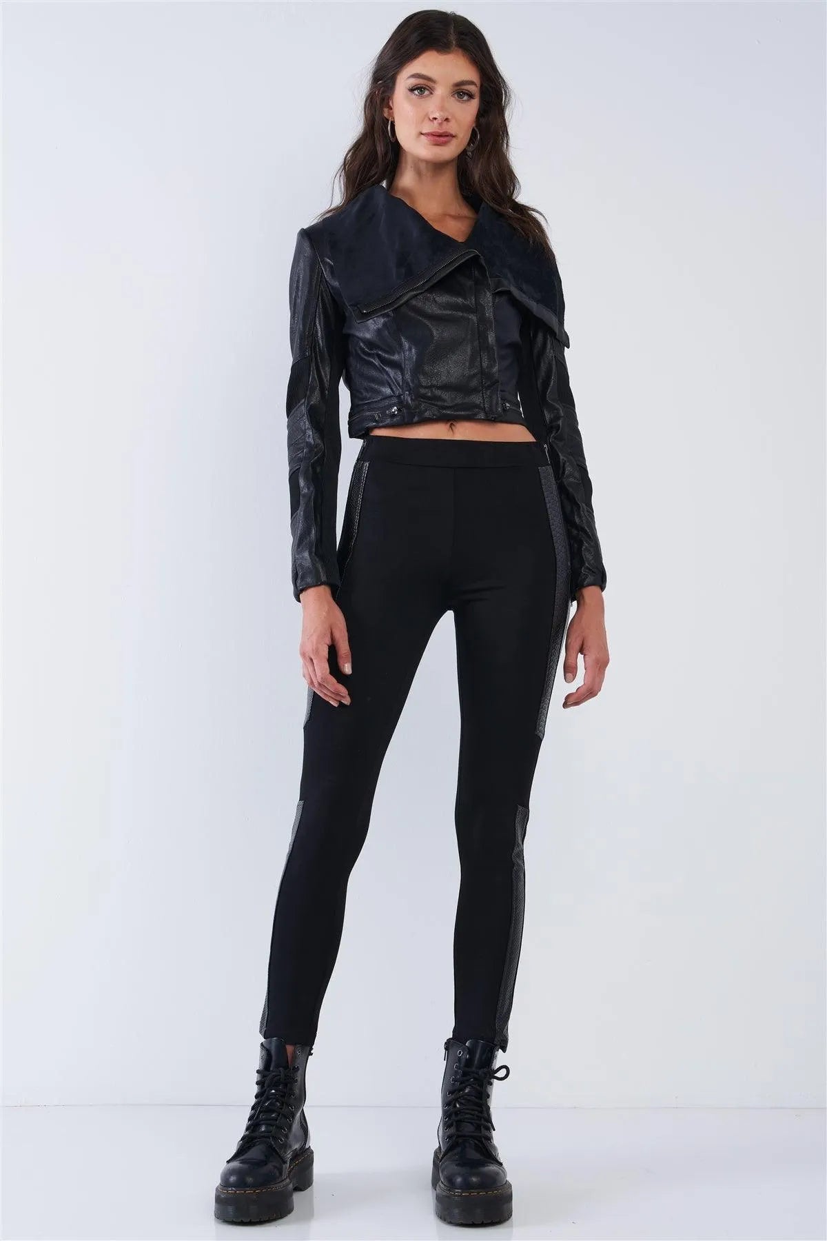 Black High Waisted Vegan Leather Python Print Trim Side Zipper Detail Tight Fit Legging Pants /2-2-2 - Tasha Apparel Wholesale