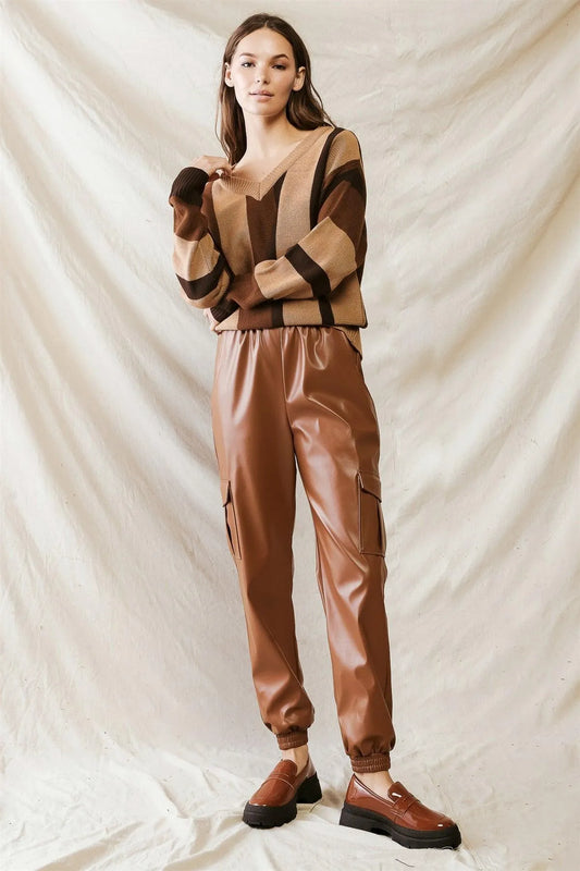 Camel Leather Four Pocket High Waist Pants /2-2-2 - Tasha Apparel Wholesale