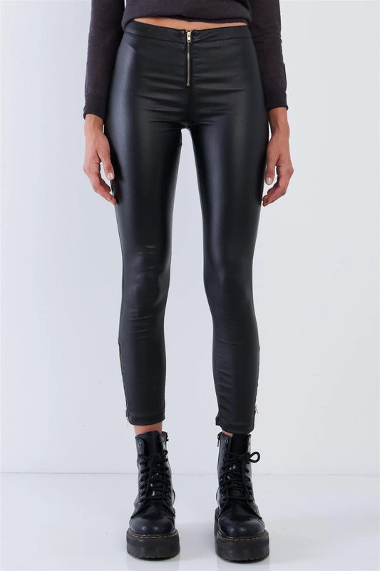 Black Vegan Leather High Waisted Slim Fit Front Zipper Detail Pants /2-2-2 - Tasha Apparel Wholesale