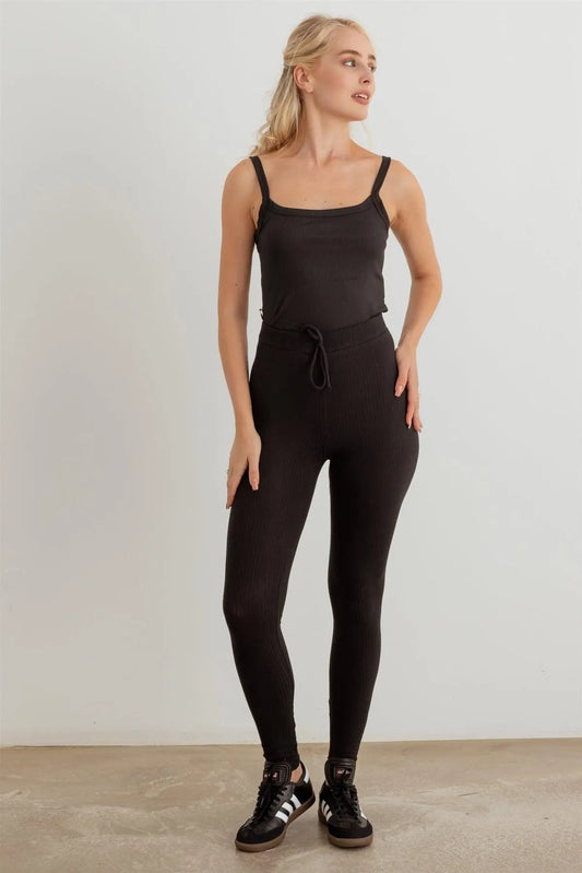 Ribbed High Waist Drawstring Front Tie Leggings - Tasha Apparel Wholesale