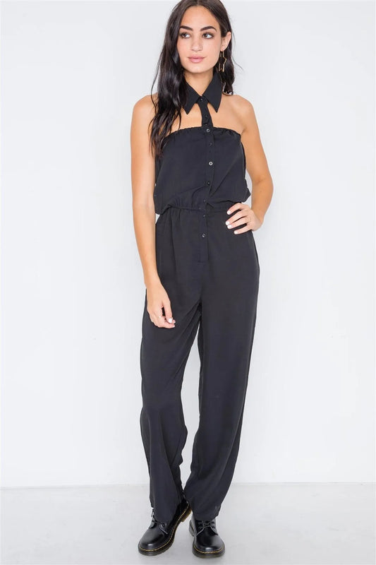 Black Basic Collar Button Down Solid Jumpsuit /2-2-2 - Tasha Apparel Wholesale