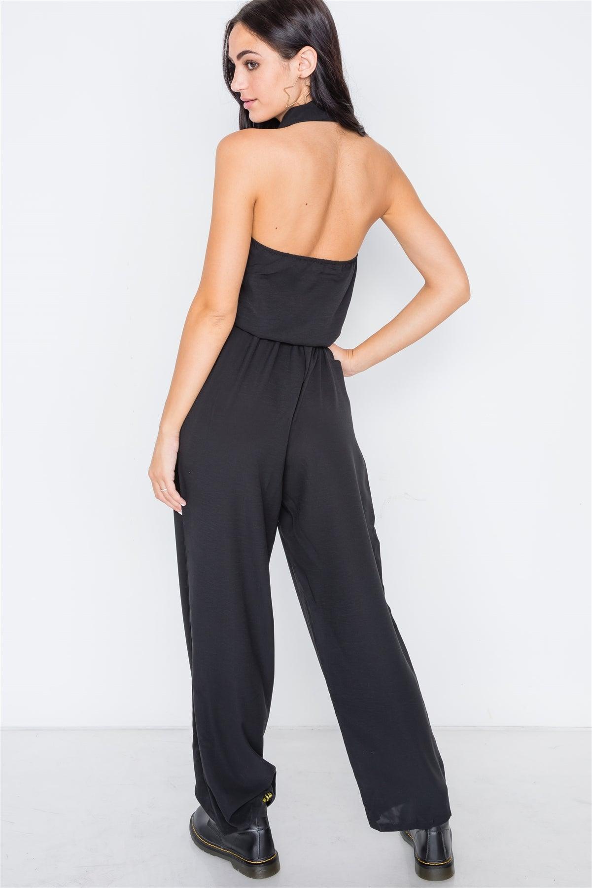 Black Basic Collar Button Down Solid Jumpsuit /2-2-2