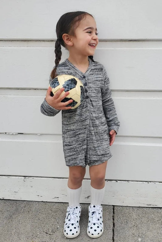 Little Girls Heather Grey Long Sleeve V-Neck Front Button Down Romper - Tasha Apparel Wholesale