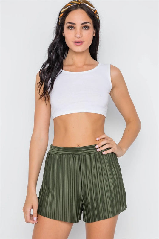 Olive Accordion Pleat Mid-Rise Shorts /3-2-1 - Tasha Apparel Wholesale