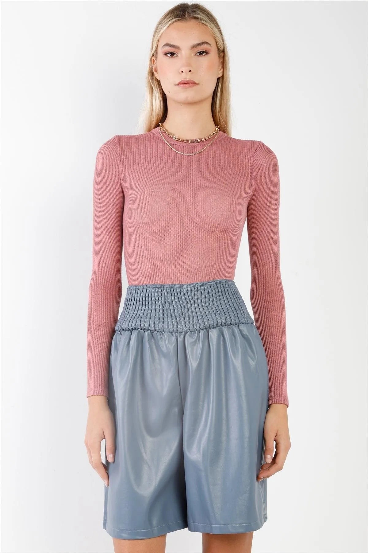 Blue Faux Leather High Waist Bermuda Shorts /3-2-1 - Tasha Apparel Wholesale