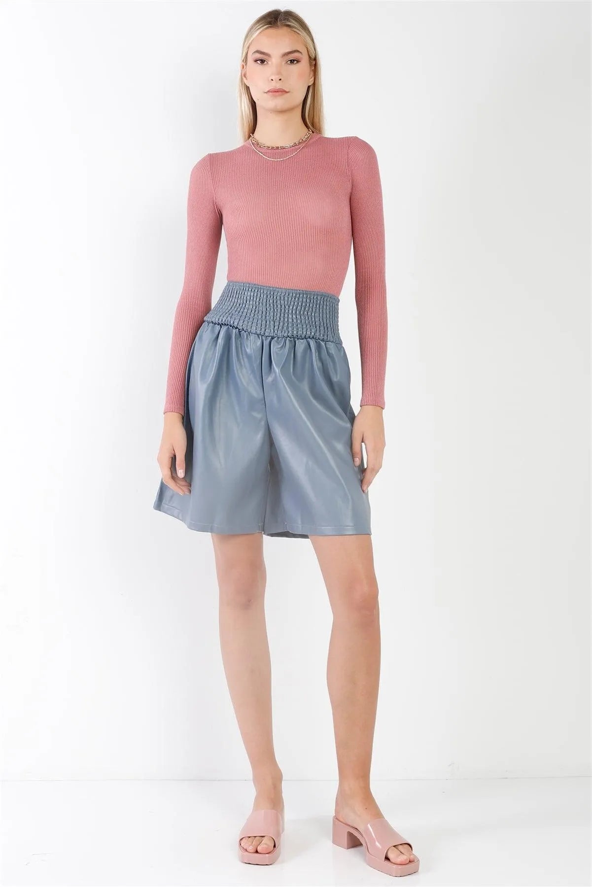 Blue Faux Leather High Waist Bermuda Shorts /3-2-1 - Tasha Apparel Wholesale