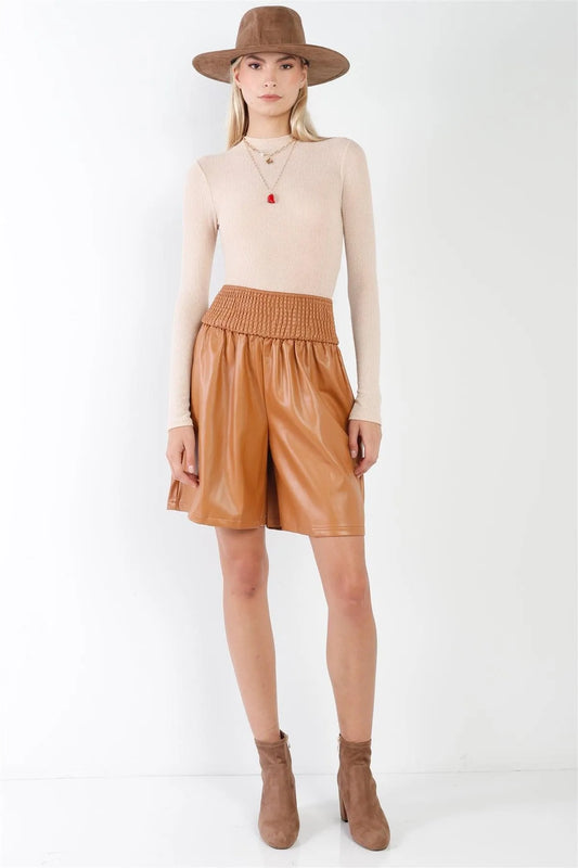 Camel Faux Leather High Waist Bermuda Shorts /3-2-1 - Tasha Apparel Wholesale