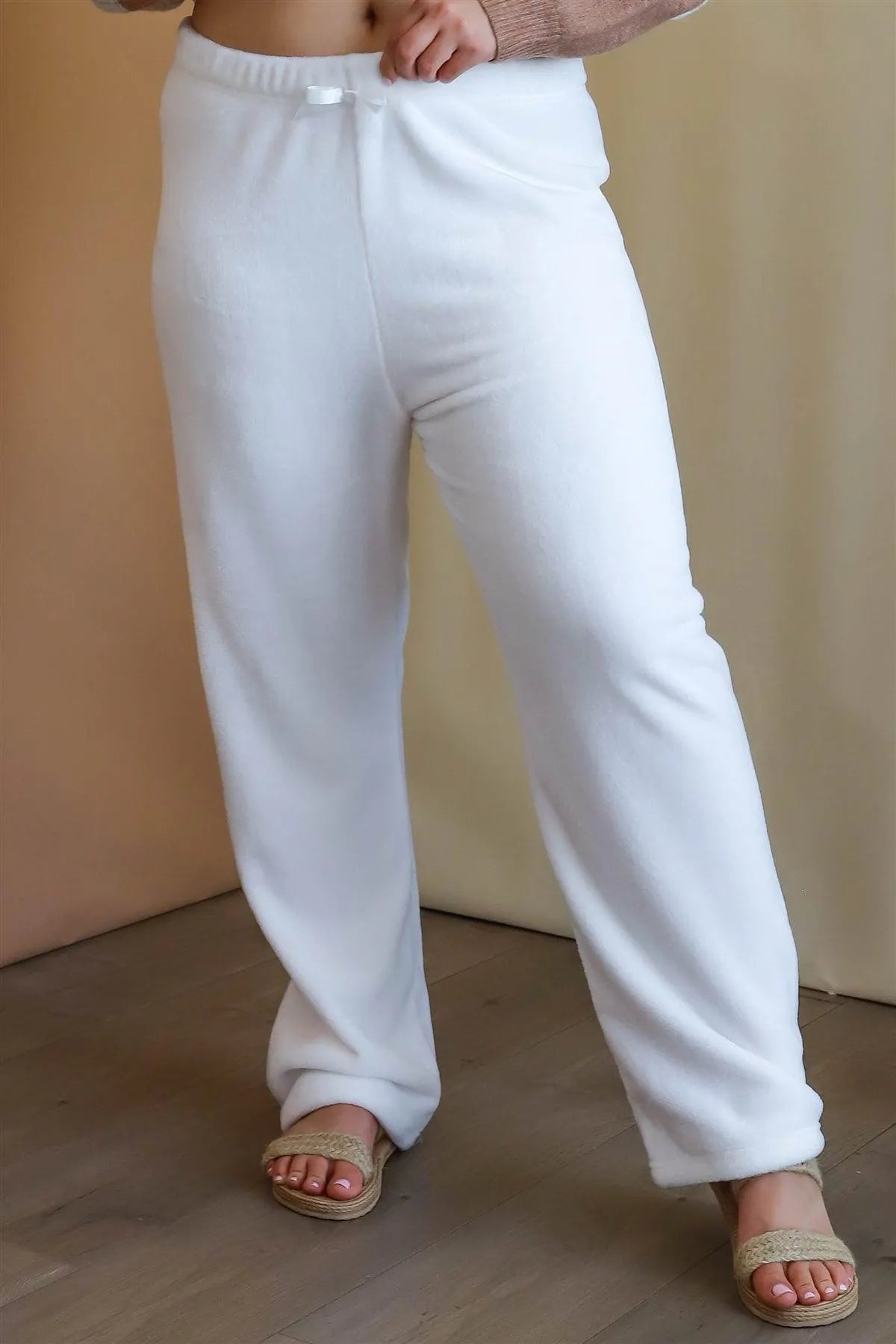 Plus Size Ivory Cozy Bow Wide Leg Lounge Pants - Tasha Apparel Wholesale