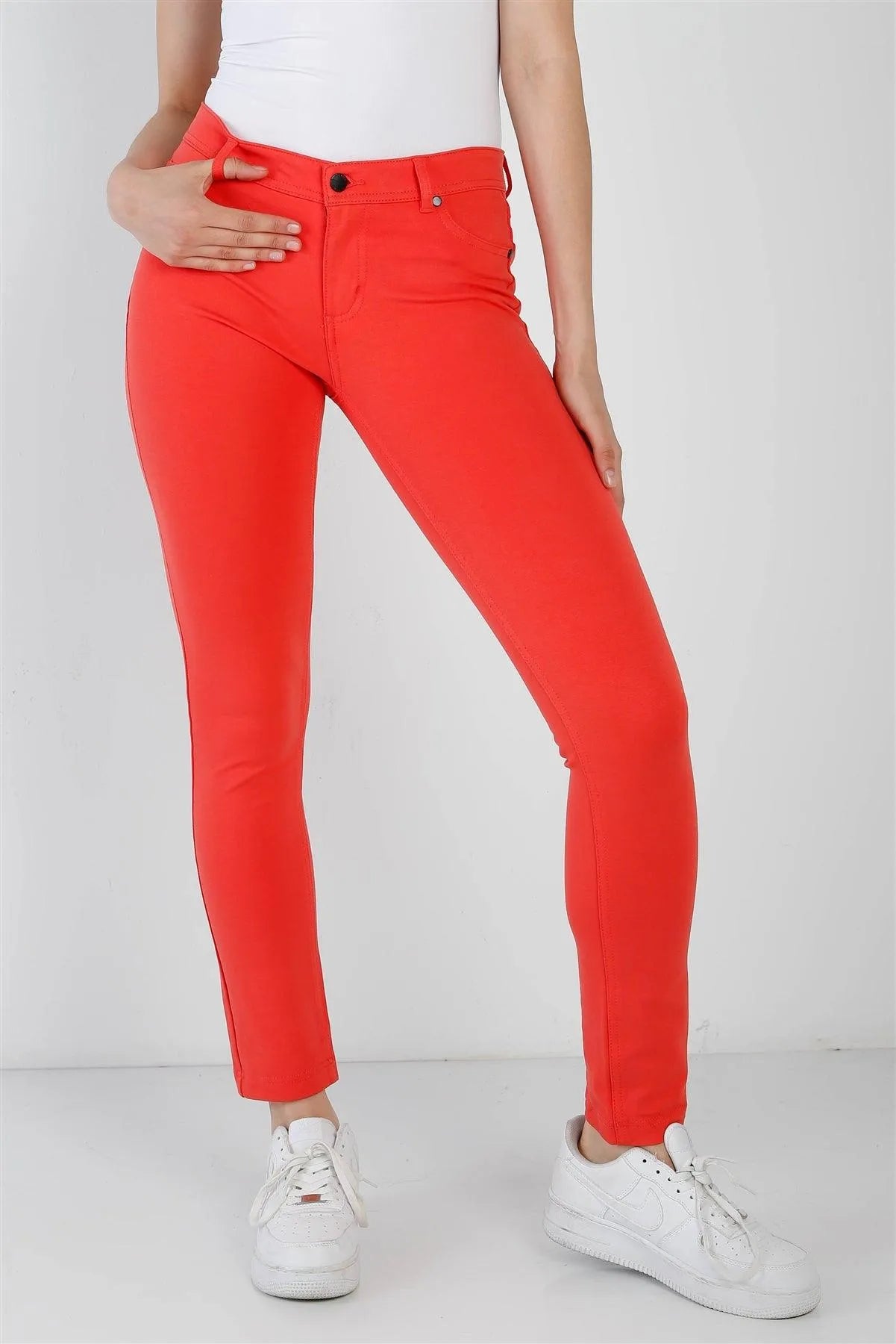 Hot Coral Mid Rise Skinny Pants /3-3 - Tasha Apparel Wholesale