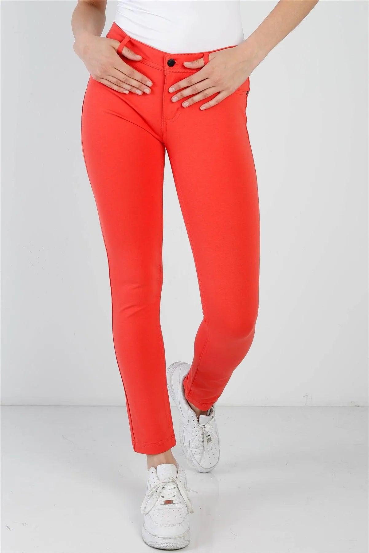 Hot Coral Mid Rise Skinny Pants /3-3 - Tasha Apparel Wholesale