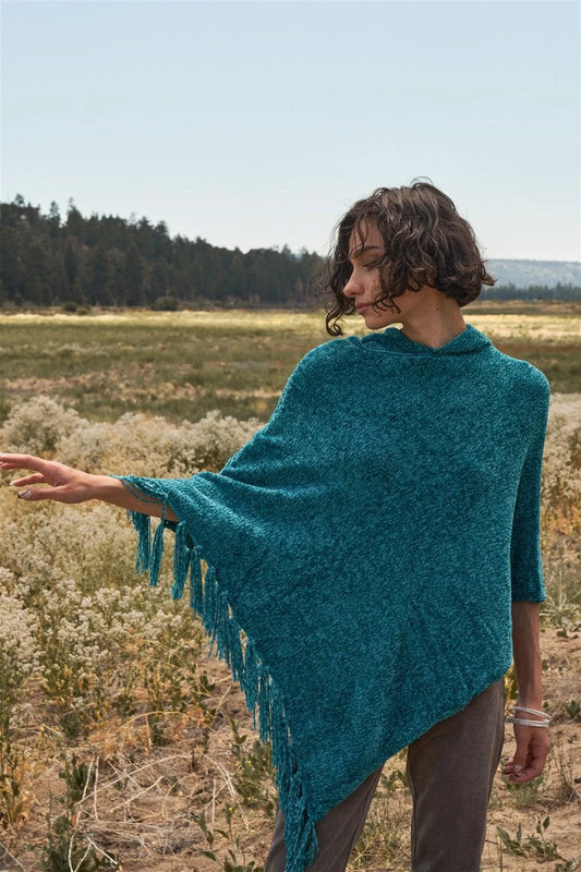 Teal Blue Chenille Knit Tassel Fringe Hooded Poncho - Tasha Apparel Wholesale