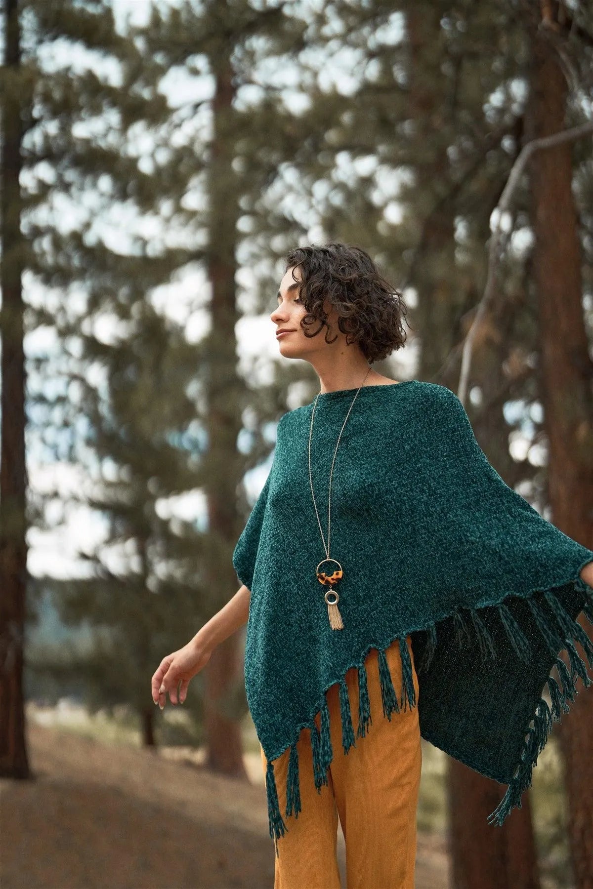 Green Chenille Knit Tassel Fringe Side Trim Poncho /ONE SIZE - Tasha Apparel Wholesale