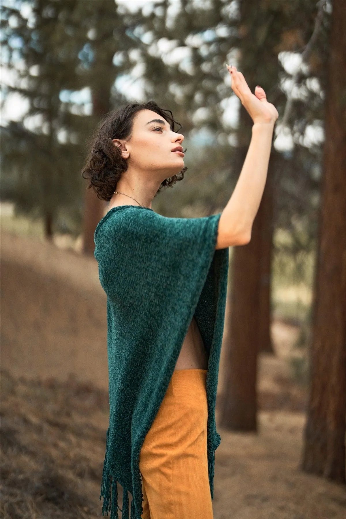 Green Chenille Knit Tassel Fringe Side Trim Poncho /ONE SIZE - Tasha Apparel Wholesale
