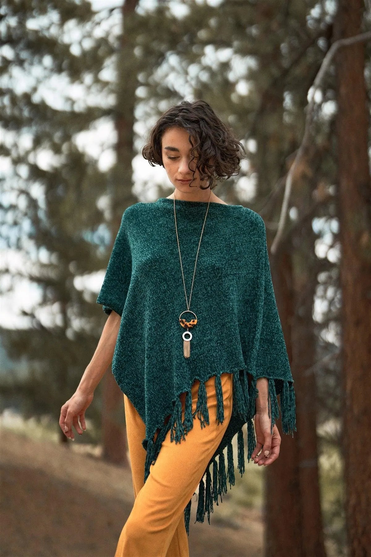Green Chenille Knit Tassel Fringe Side Trim Poncho /ONE SIZE - Tasha Apparel Wholesale