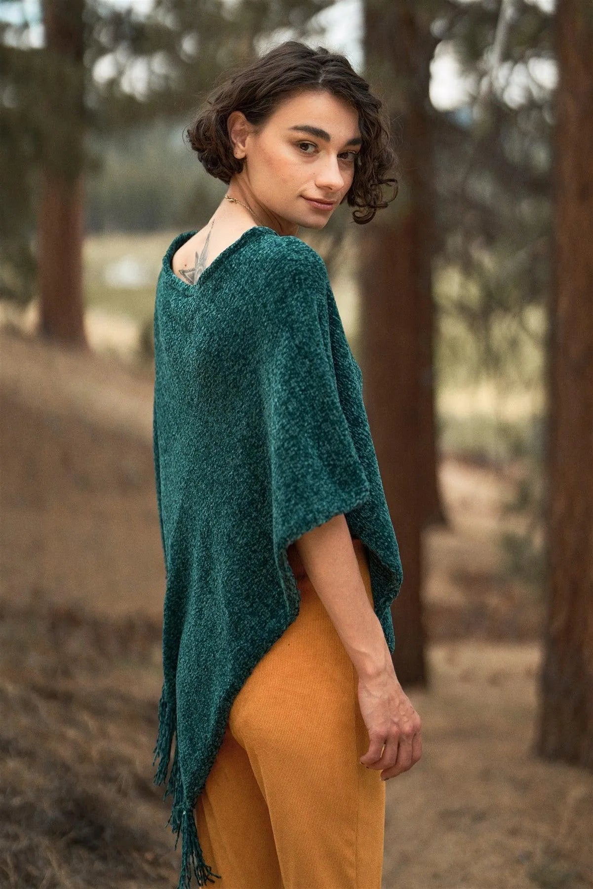 Green Chenille Knit Tassel Fringe Side Trim Poncho /ONE SIZE - Tasha Apparel Wholesale