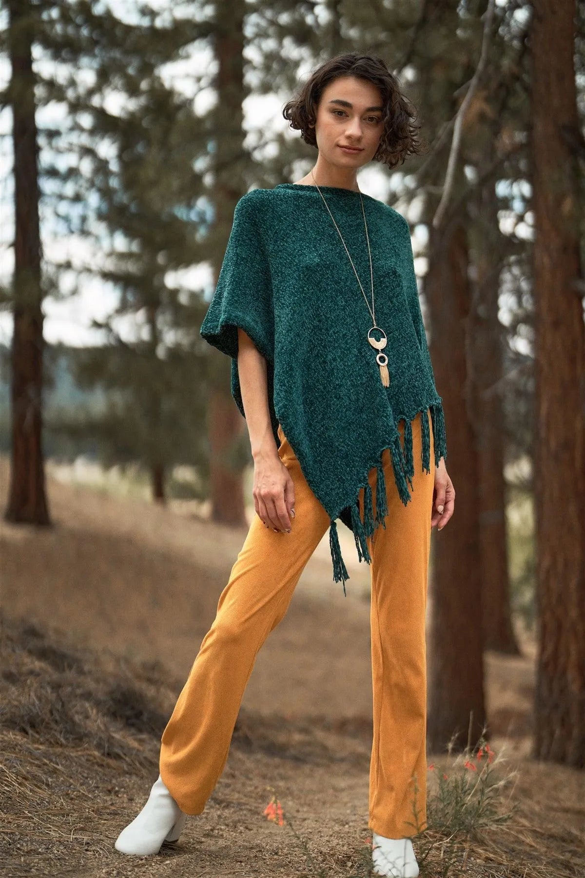 Green Chenille Knit Tassel Fringe Side Trim Poncho /ONE SIZE - Tasha Apparel Wholesale